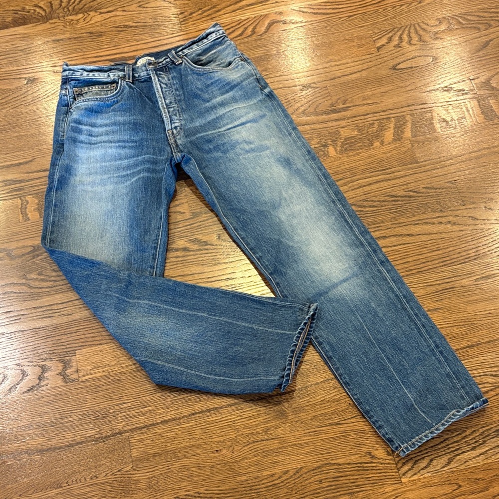 Hey Gang button fly Blue Washed Denim Jeans, straight leg, 27